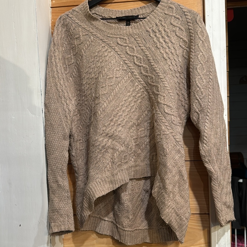 BCBG MaxAzria WOOL Blend Beige Heather Camel Cable Knit Sweater High-Low XS